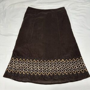 Brown Corduroy Skirt with Embroidered Hem | Boho Midi Skirt |